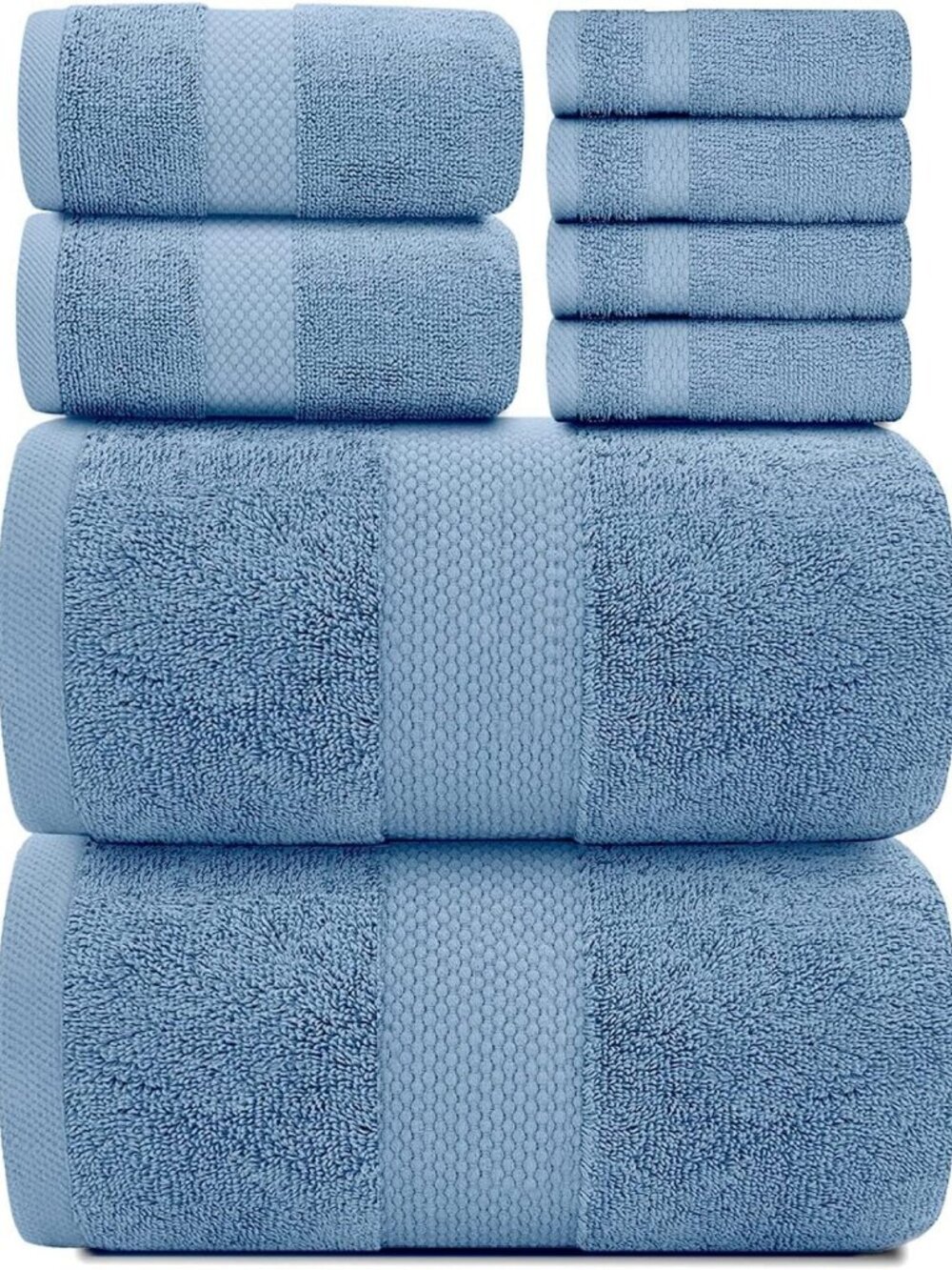 Luxury Light Blue Bath Towel Set of 8 - Soft 100% Turkish Cotton, Quick-Dry
